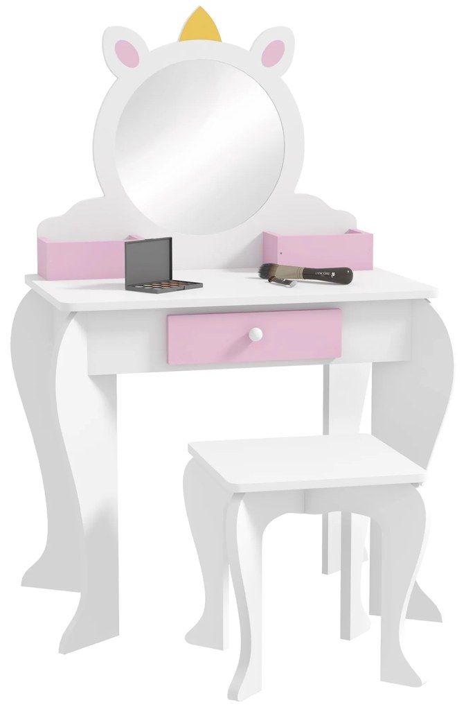ZONEKIZ Masă de toaletă pentru copii cu taburet și oglindă Masă de toaletă pentru fete cu sertar compartimente design unicorn alb | Aosom Romania