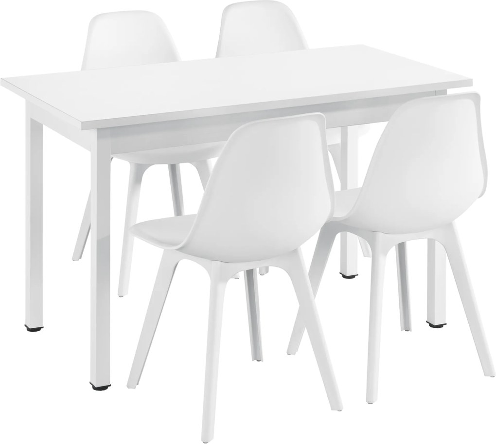 [en.casa] Set Viki masa bucatarie cu 4 scaune, masa 120 x 60 x 75 cm, scaun 83 x 54 x 48 cm, MDF/plastic, alb