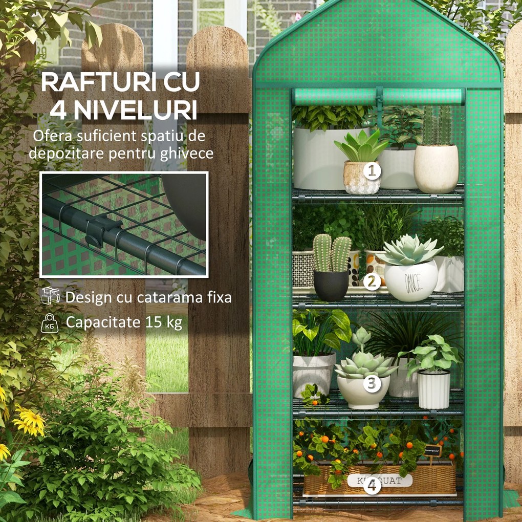 Outsunny Seră de Grădină în 4 Niveluri cu Ușă Rulantă, Seră Mica din Metal &amp; PE, 69x49x158 cm, Verde Închis | Aosom Romania