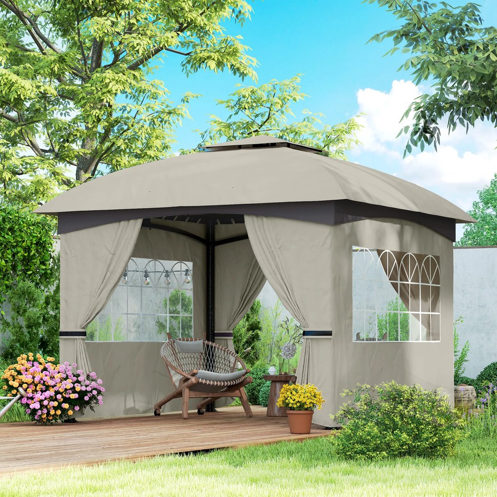 Outsunny Pavilion de grădină 3,4 x 3,4 m, Cort de bere cu acoperiș ventilat, ferestre arcuite, cadru din oțel, Gri deschis | Aosom Romania