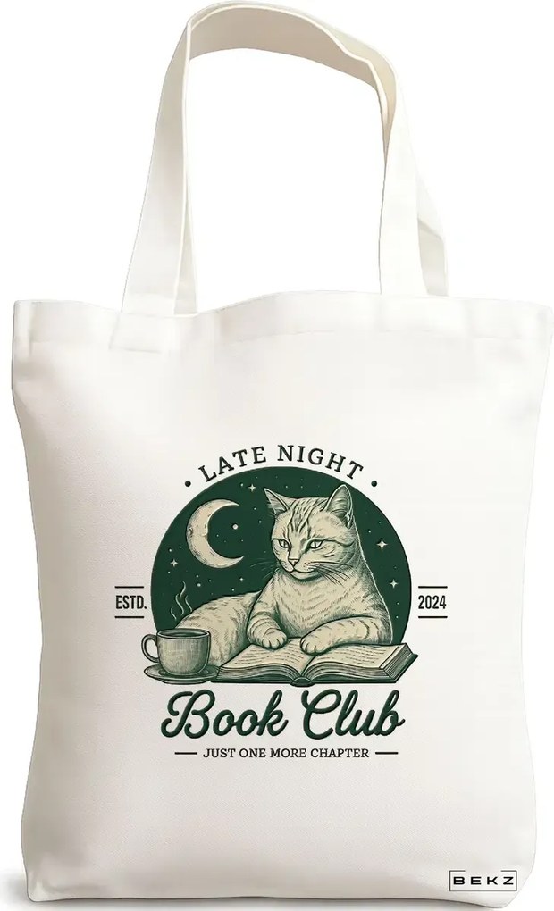 Sacosa de Panza pentru Cumparaturi, Geanta Tote, model Late night book club 38 x 34.5 cm, Alba, BEKZ®