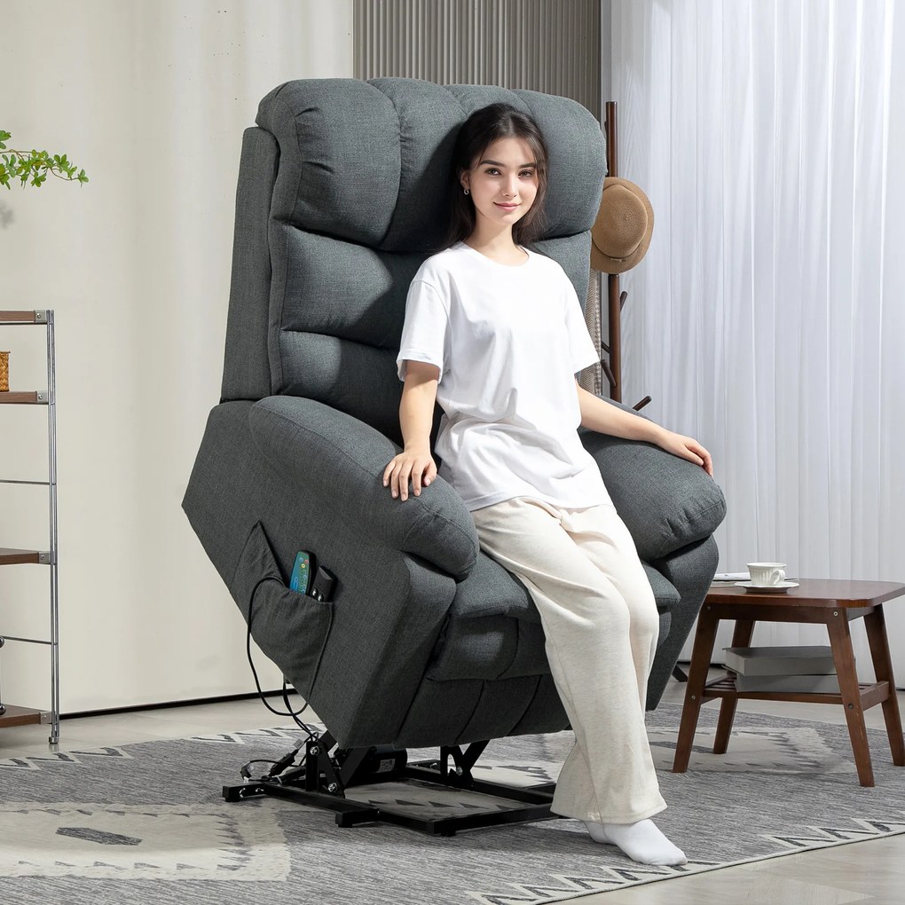 HOMCOM Fotoliu de ridicare, fotoliu electric de relaxare cu funcție de masaj, fotoliu capitonat cu funcție de ridicare, oțel, material textil, Gri | Aosom Romania