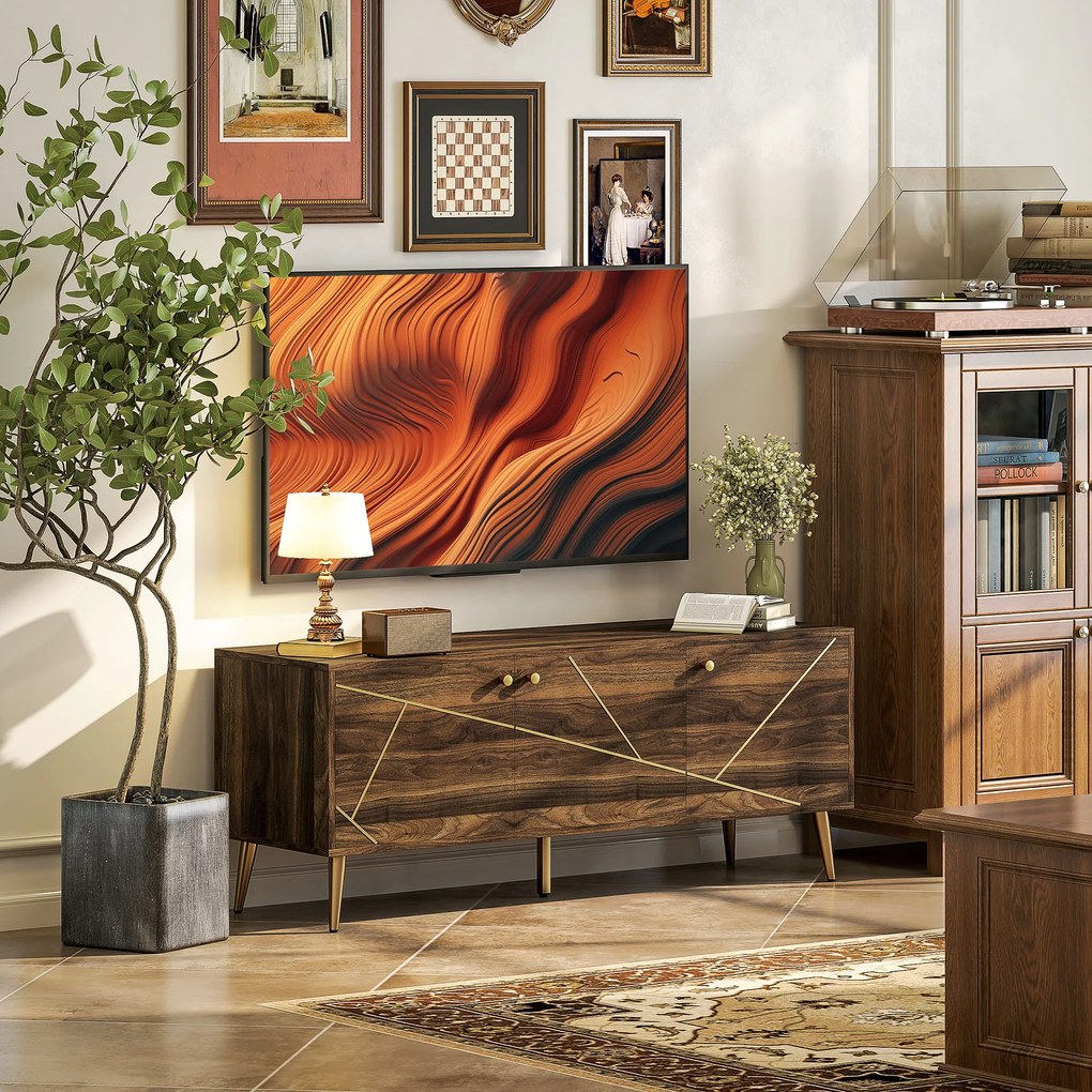 HOMCOM Măsuță TV mobilier TV din lemn pentru televizor de până la 60 de inch cu dulapuri rafturi picioare din oțel 130 x 40 x 52 cm maro | Aosom Romania