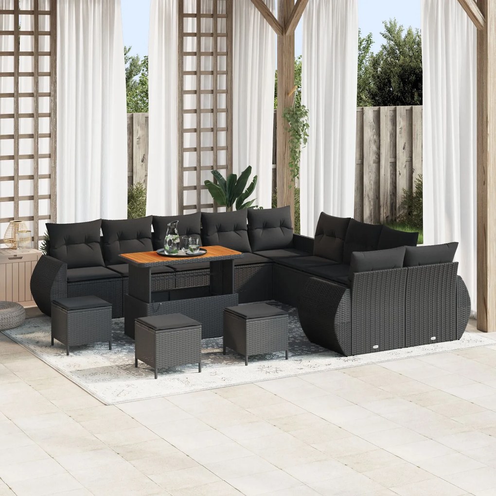 vidaXL Set de mobilier pentru grădină , 13 piese cu perne, din rattan negru și acacia.