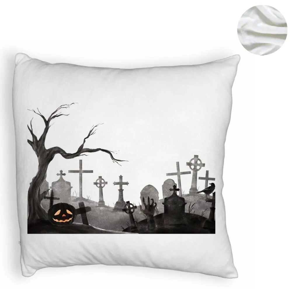 Perna Decorativa Fluffy cu motiv Cimitir de Halloween, 40x40 cm, Alba, Husa Detasabila, Burduf