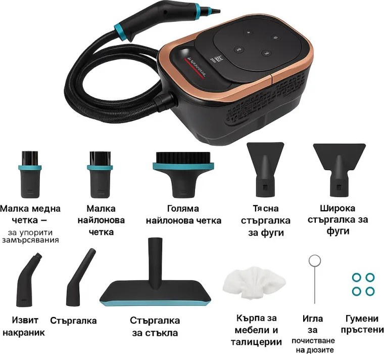 Curatator cu aburi Oliver Voltz OV51002B, 1500W, 4 bar, 1.25 l, 6 trepte, Dezinfectie, Accesorii, Negru