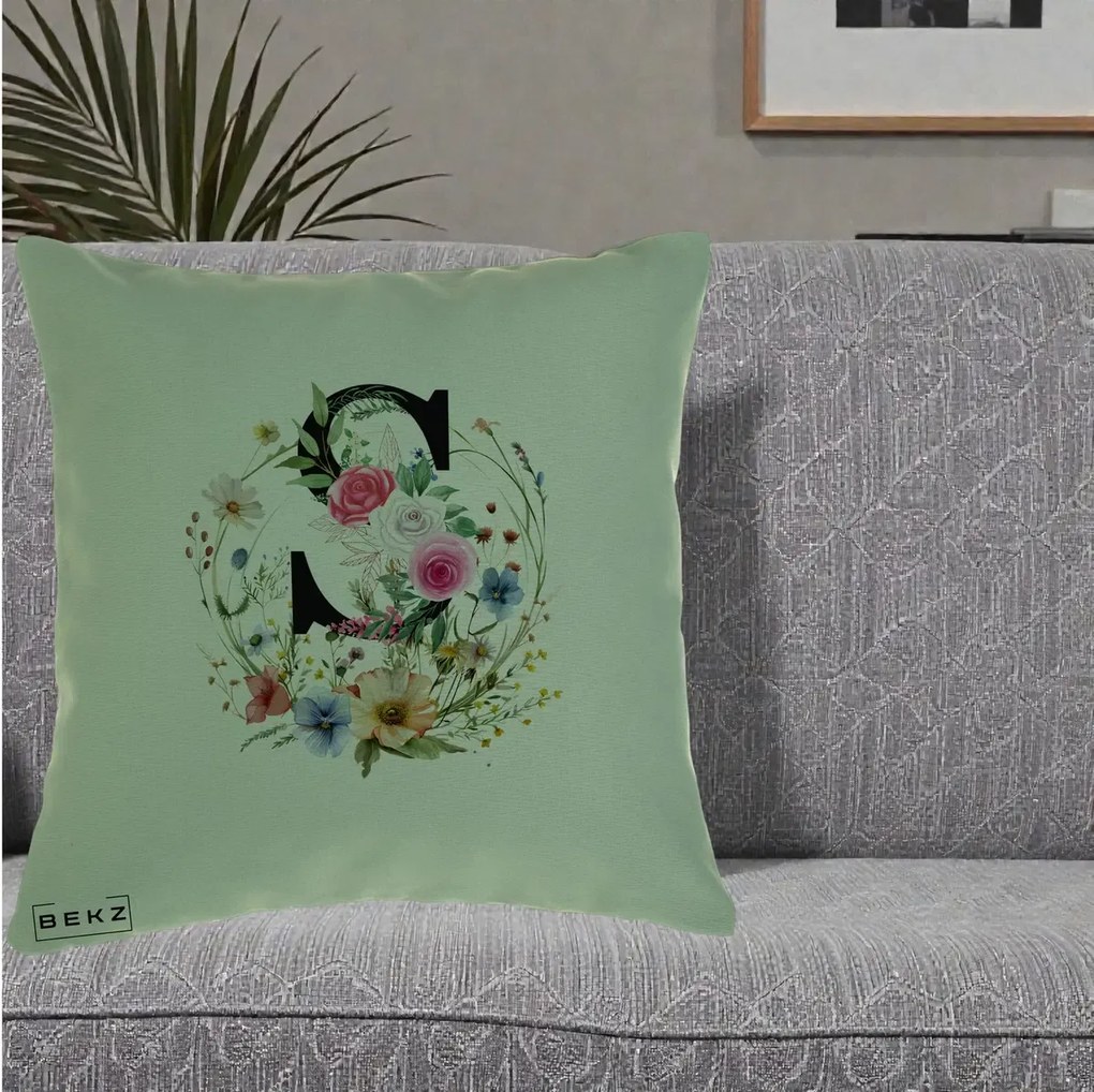 Cadou Personalizat - Perna Personalizata Monogram Litera S cu Flori Acuarela, 40x40 cm, Verde, Husa Detasabila, Perna Inclusa, BEKZ®