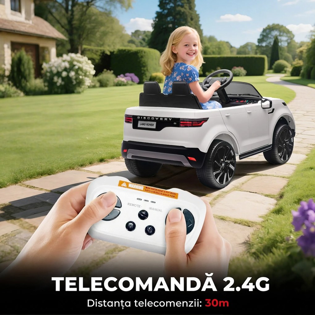 HOMCOM Mașinuță Electrică pentru Copii 3-6 Ani sub Licență Land Rover Discovery 12V, 2.5-4.5 km/h Auto Electrică pentru Copii cu 2 Motoare, Suspensii, Telecomandă, USB, Muzică, Faruri și Claxon, Alb | Aosom Romania