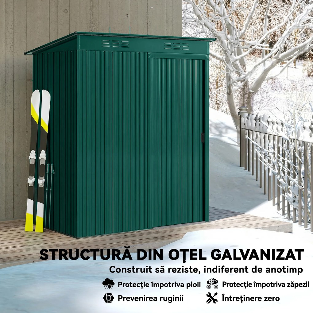 Outsunny Căsuță de Grădină 1.37m² din Metal, Montare Ușoară, Spațiu de Depozitare Unelte Grădină cu Ventilație, Ușă Culisantă, Acoperiș Înclinat și Mănuși, 159x106x181 cm, Verde | Aosom Romania
