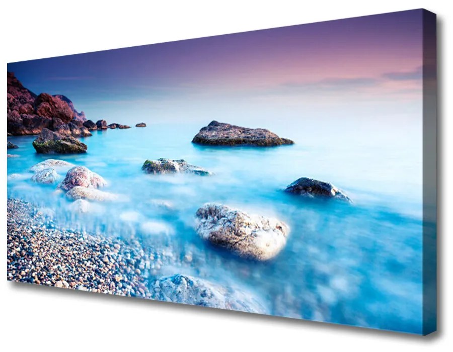 Tablou pe panza canvas Sea Stones Beach Peisaj Albastru Gri Roz