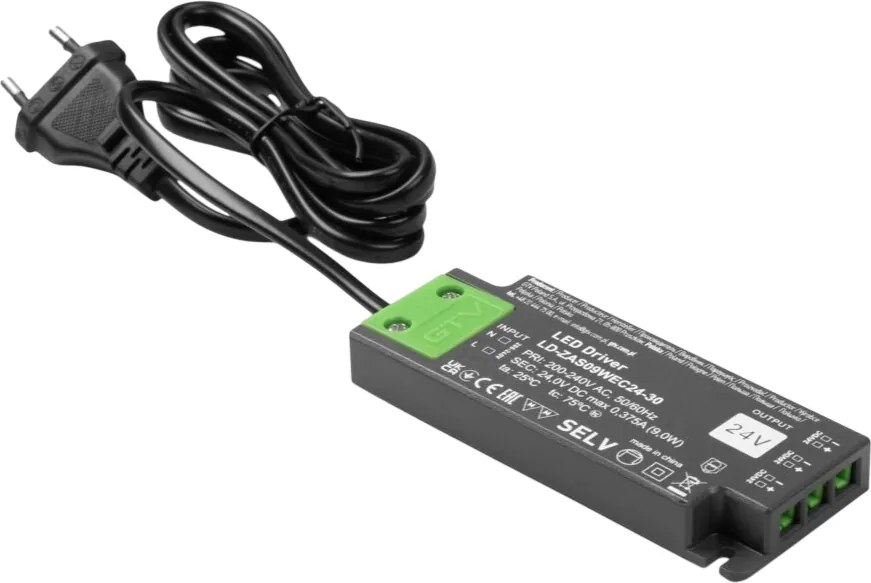 Transformator Easy Click GTV pentru bandă LED, 9W, 24V, IP20, 3 ieșiri Mini AMP, cablu 1,5 m 9 W, 24 V, 1.5 m, Plastic, Easy Click