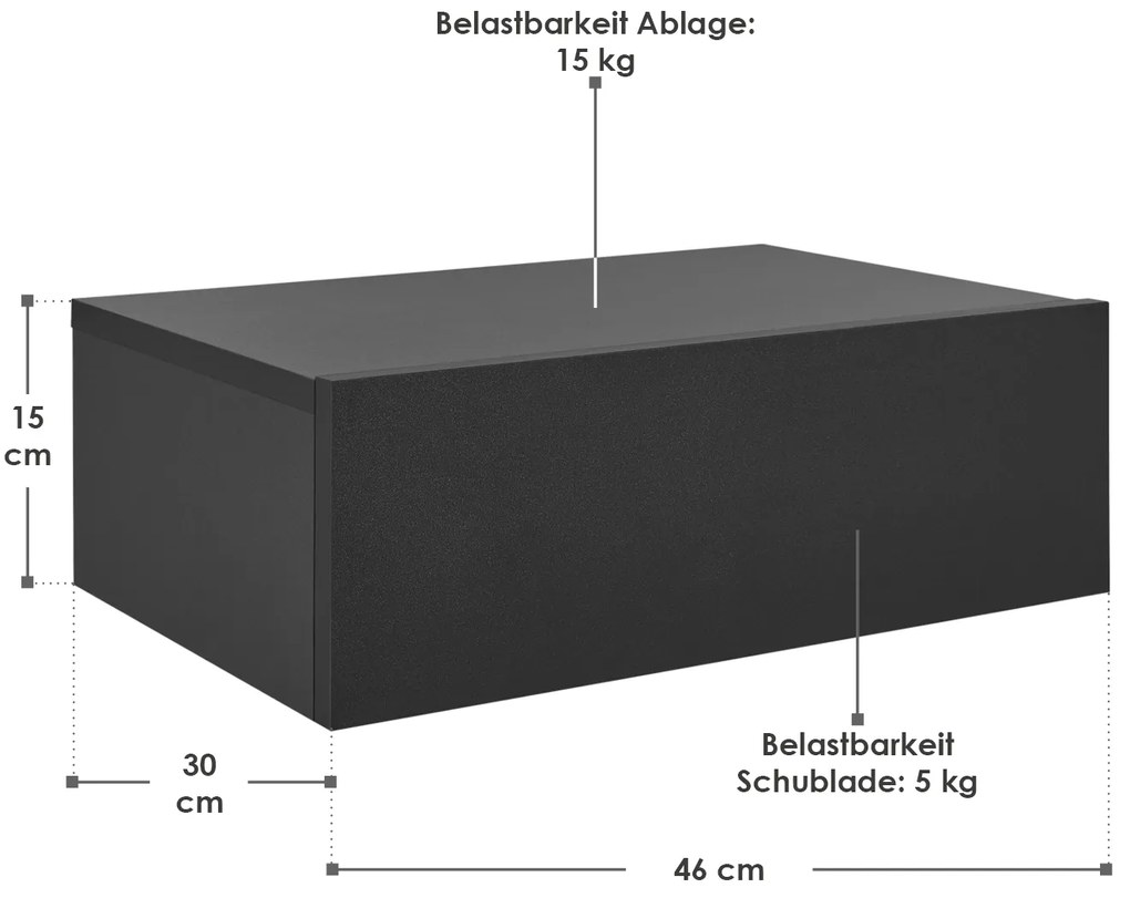 Noptiera montata pe perete 46x30x15 cm cu sertar, negru