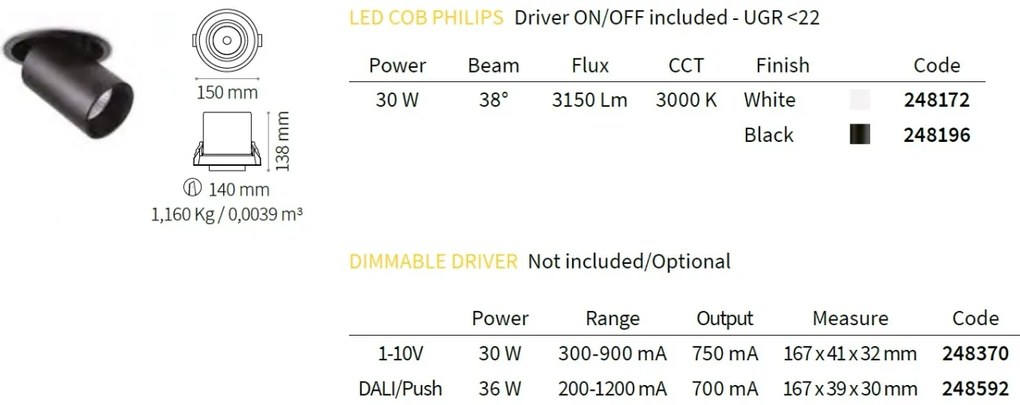 Spot LED directionabil, incastrabil pentru tavan fals NOVA 30W 3000K WH 248172 IDL