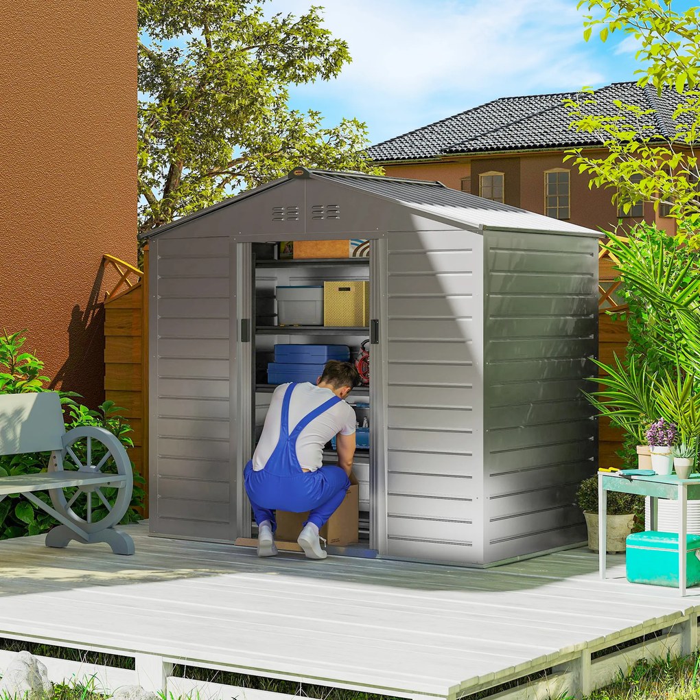 Outsunny Casa pentru unelte de 2,43 ㎡, ușă glisantă blocabilă, rezistent la intemperii, 213 x 131 x 192 cm, Gri | Aosom Romania