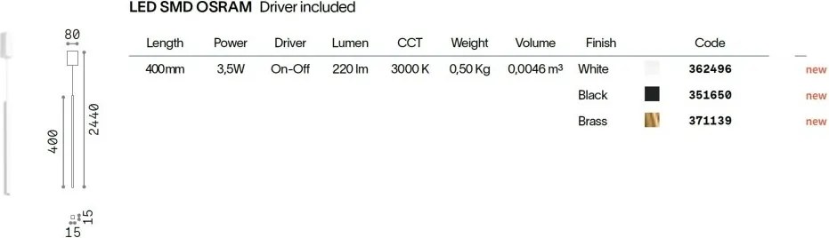 Pendul LOOK LED SP1 SQUARE D15 H400 ON-OFF BIANCO 3000K