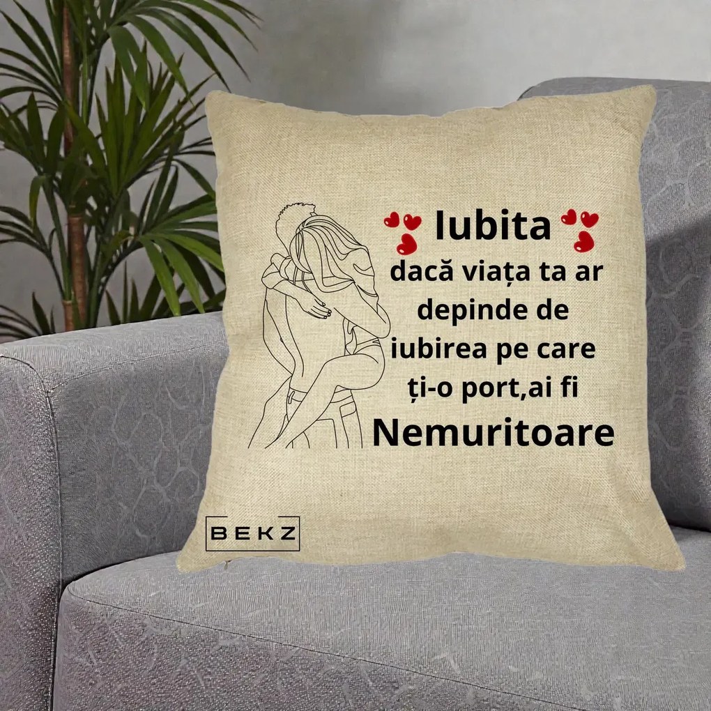 Cadou pentru Iubita - Perna Personalizata Iubita Nemuritoare cu Cuplu Line-Art si Inimi Rosii, 40x40 cm, Crem, Husa Detasabila, Perna Inclusa, BEKZ®