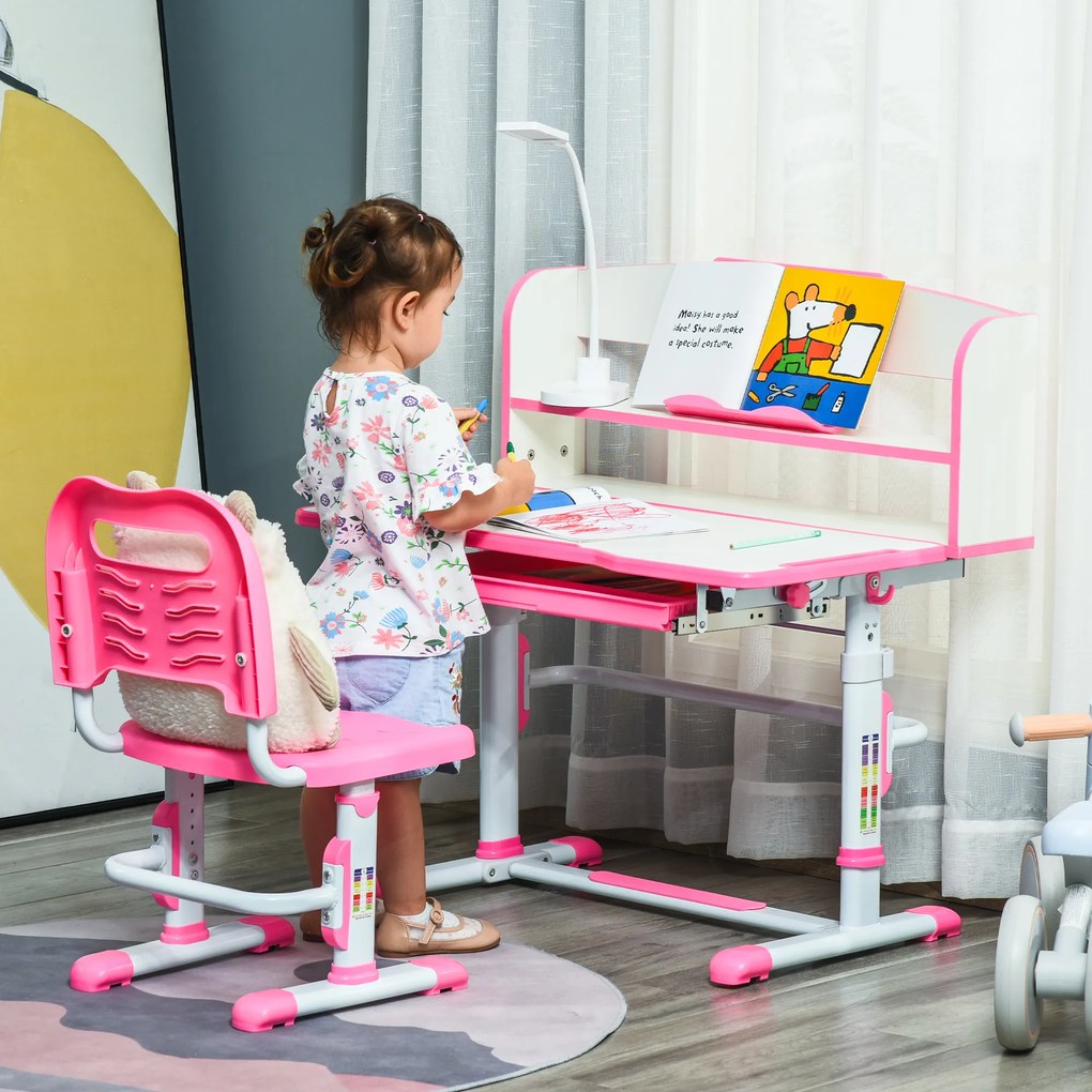HOMCOM Birou Copii 6-12 Ani, Reglabile pe Înălțime cu Blat Înclinabil la 45°, cu Bancă și Scaun, 80x54,5x82-104 cm, Roz | Aosom Romania