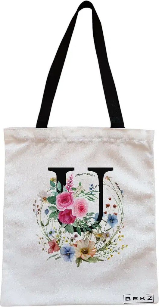 Sacosa de Panza pentru Cumparaturi, Geanta Tote, Cu litera U in Coronita Florala, Cu fermoar, 38x34.5 cm, Alba, BEKZ®