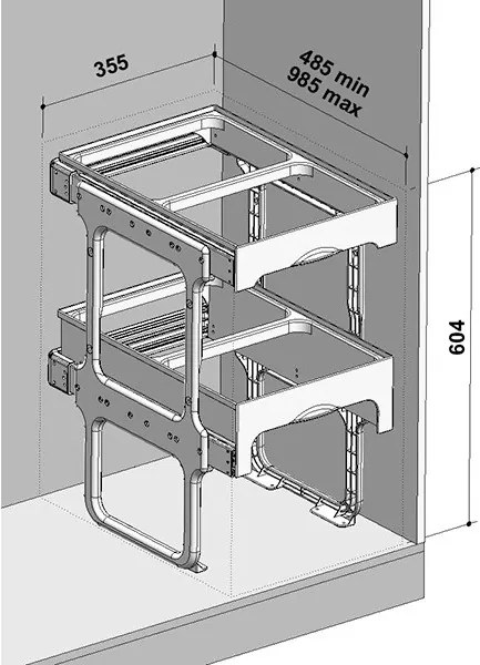 Cos gunoi incorporabil Tandem Short 40 Ecomax, colectare selectiva, gri, 2 x 15 l + 2 x 12 l Polipropilena Metal, 400 mm, L:355 mm; A:485 mm; H:604
