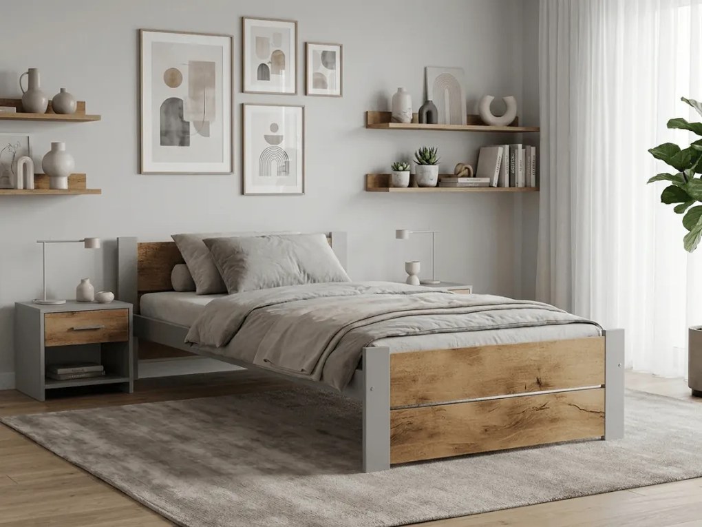 Pat de o persoana IKAROS DOUBLE 90 x 200 cm, stejar artisan/gri Saltele: Cu saltele Coco Maxi 20 cm, Somiera pat: Cu lamele drepte