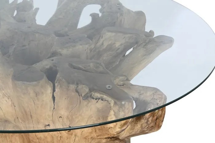 Masă dining rotundă din rădăcină de teak cu blat din sticlă securizată, 160×160×76 cm, „Raiz"