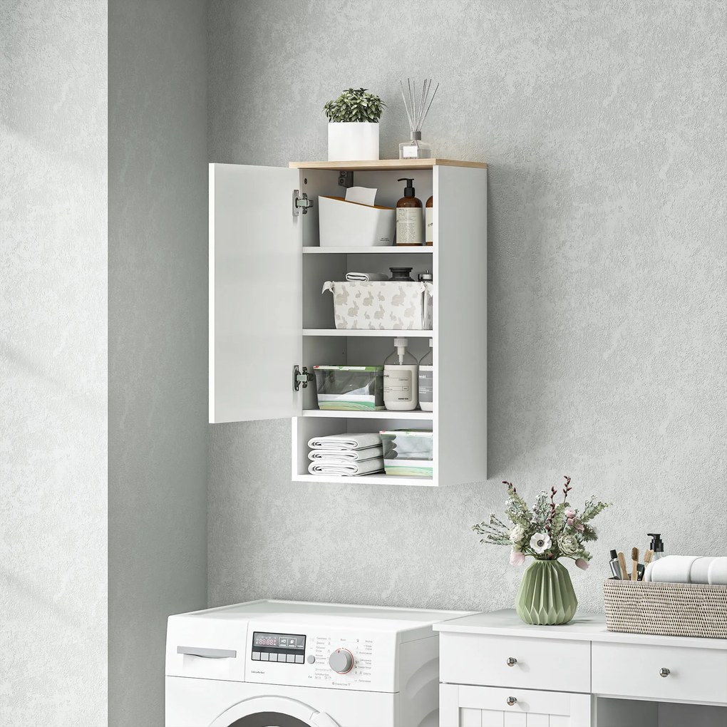 HOMCOM Dulap de perete pentru baie cu rafturi reglabile, compartiment deschis, lemn, Weiß | Aosom Romania