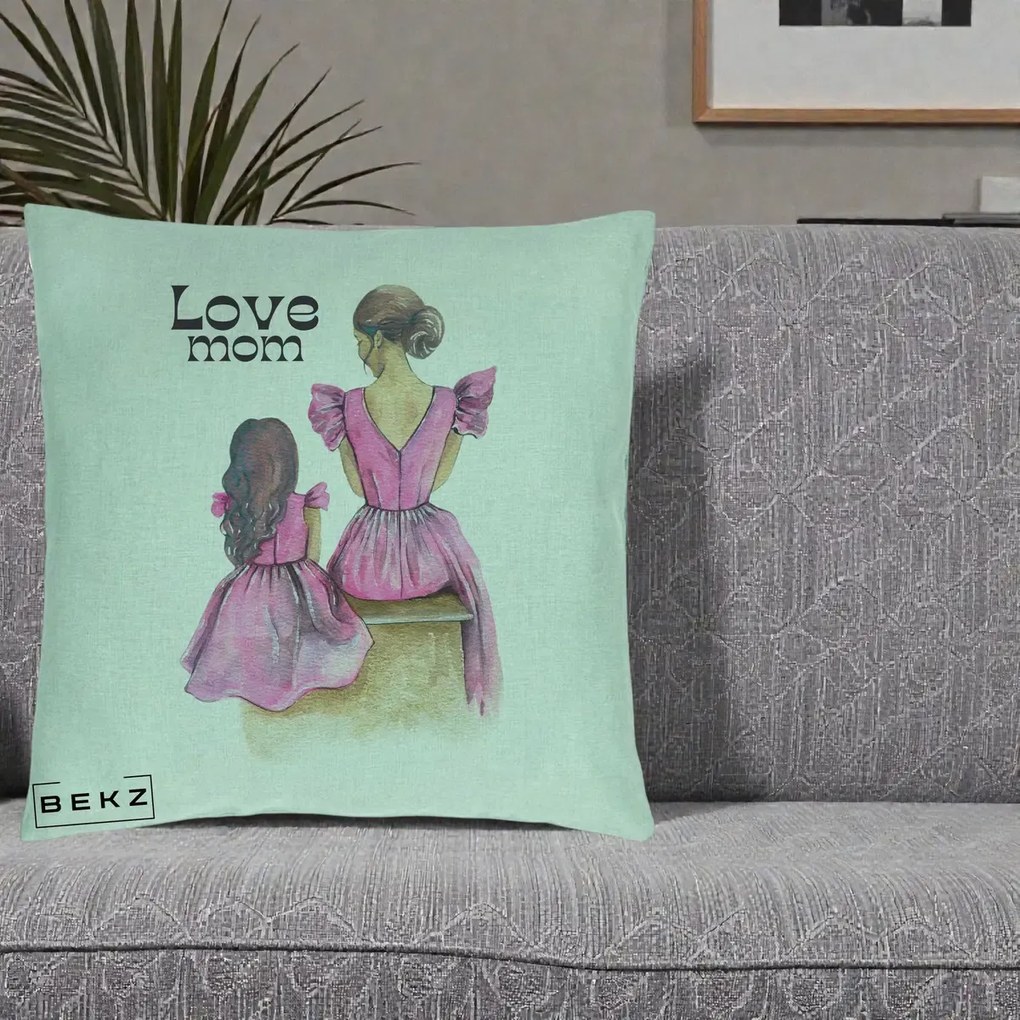 Cadou pentru Mama - Perna Personalizata Love Mom Rochii Roz, 40x40 cm, Verde Menta, Husa Detasabila, Perna Inclusa, BEKZ®