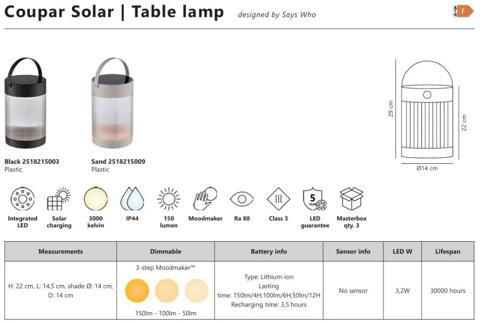 Lampa portabila solara, 3-step Moodmaker, protectie IP44, Coupar sand