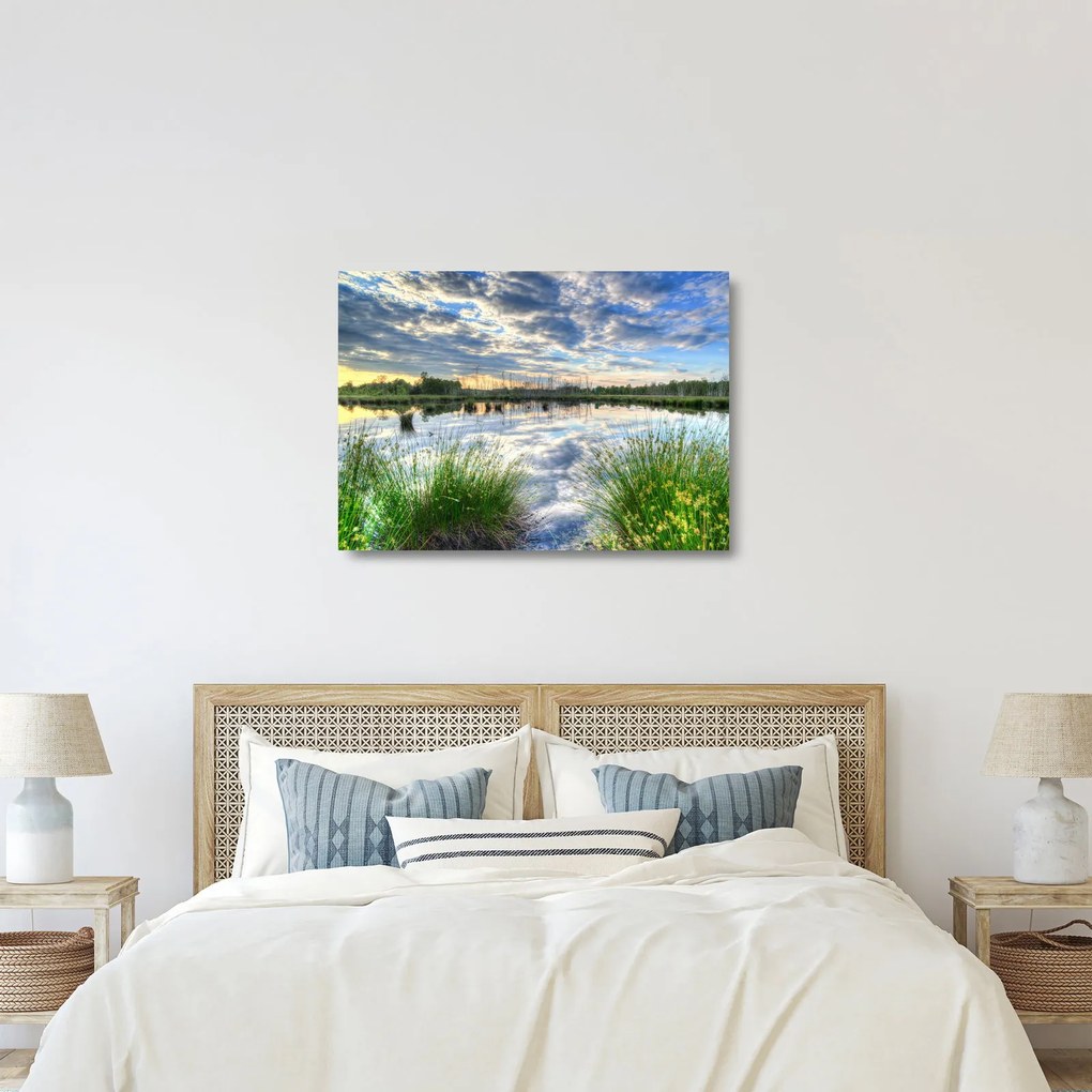 Tablou pe sticlă cu lac și trestie (70x50 cm)