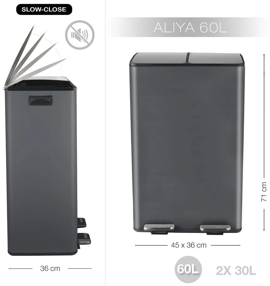 Coș de gunoi gri închis pentru reciclare/cu pedală 2x30 l din oțel Aliya – Spirella