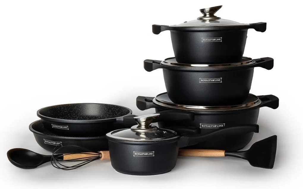 Set oale si tigai marmorate, antiaderente, 10 piese Royalty Line BS1010M Negru, curatare usoara, inductie