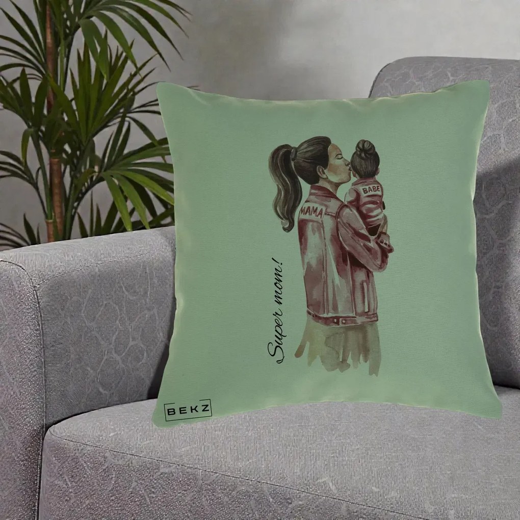 Cadou pentru Mama - Perna Personalizata Super Mom Jachete Roz, 40x40 cm, Verde, Husa Detasabila, Perna Inclusa, BEKZ®