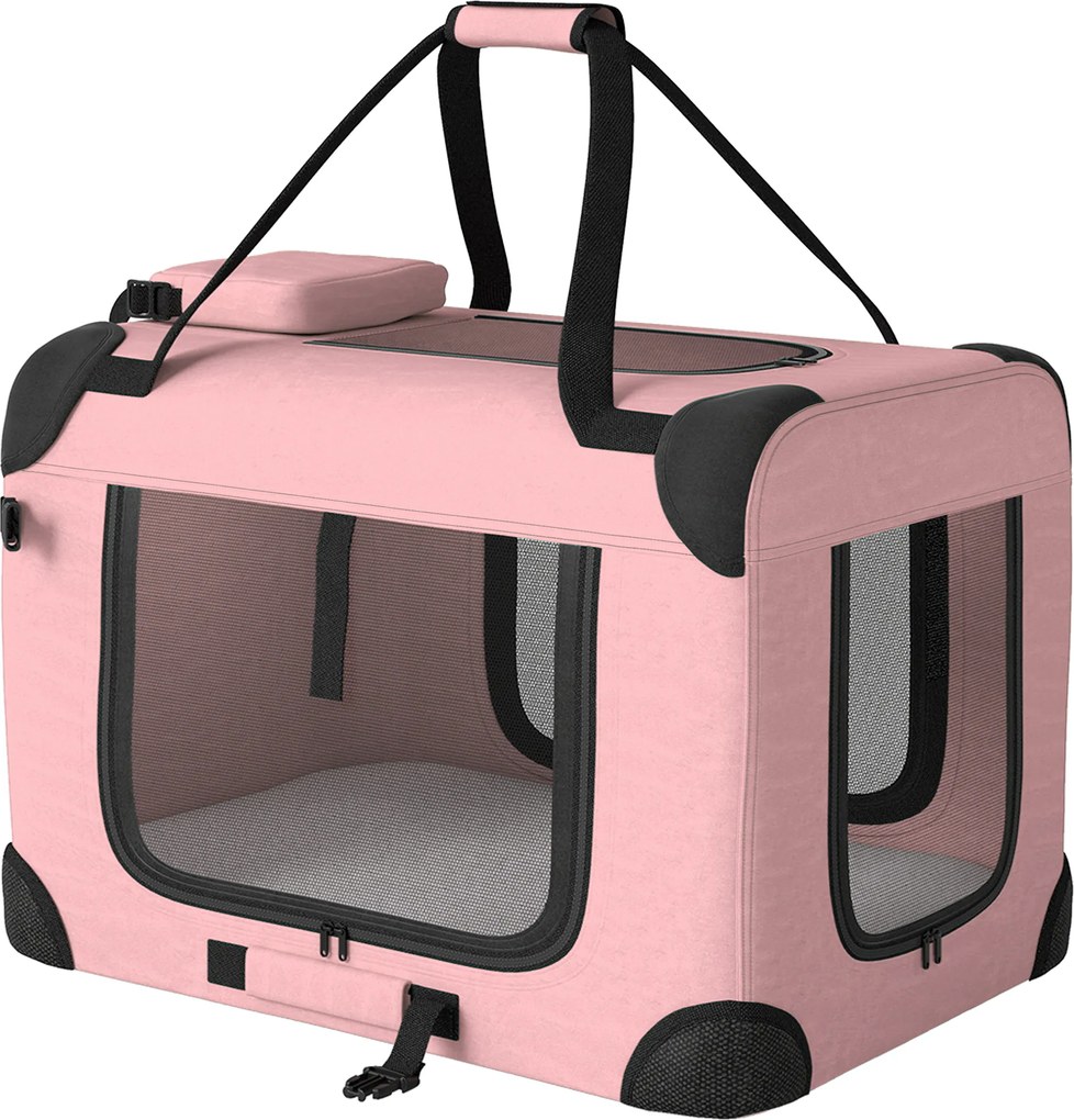 PawHut Cușcă de transport pliabilă pentru câini 60x41,5x41 cm cu ferestre din plasă pernă moale și 2 mânere pentru câini mini și pisici roz | Aosom Romania