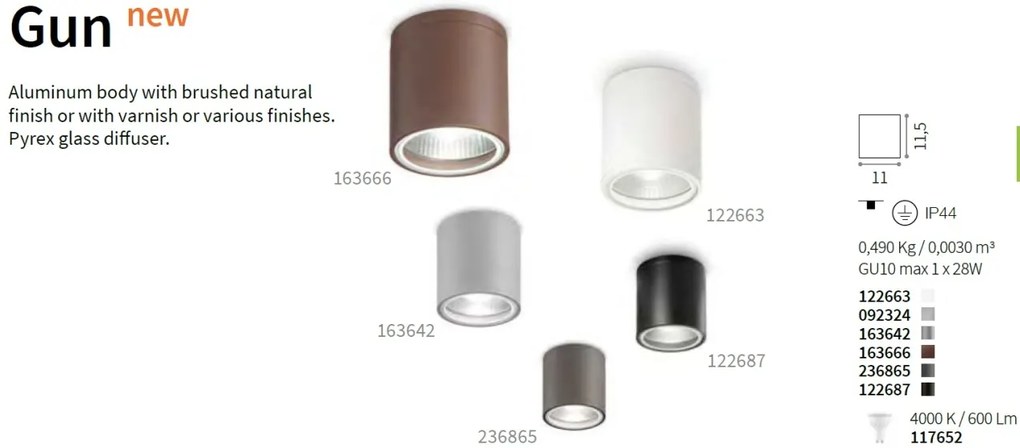 Spot aplicat IP44 GUN PL1 GRIGIO 163642 IDL