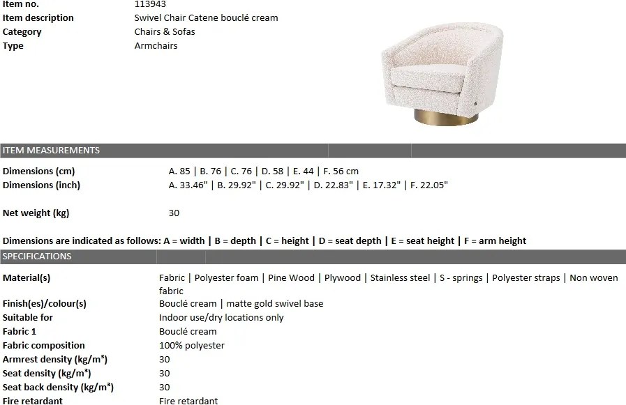 Fotoliu rotativ design lux Catene auriu finisaj mat/ crem 113943 HZ