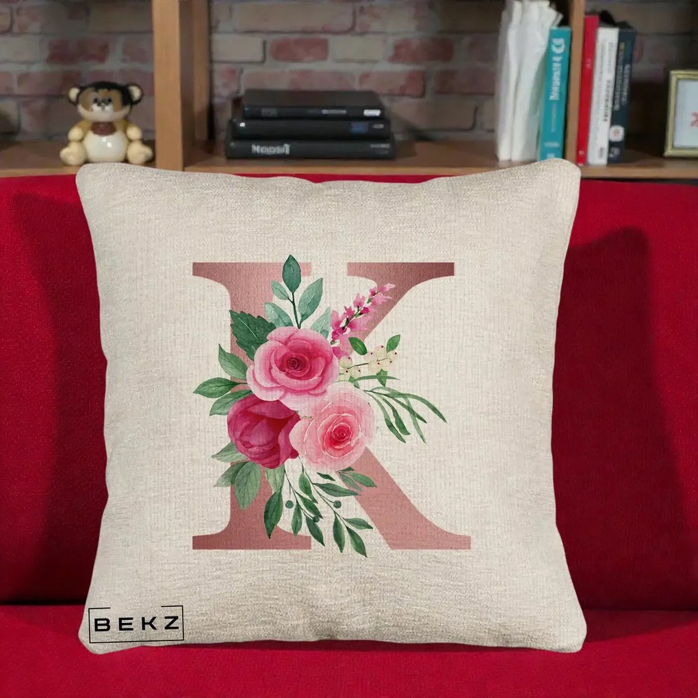 Cadou Personalizat - Perna Personalizata Monograma Rose Gold Litera K, 40x40 cm, Bej Canapea, Husa Detasabila, Perna Inclusa, BEKZ®