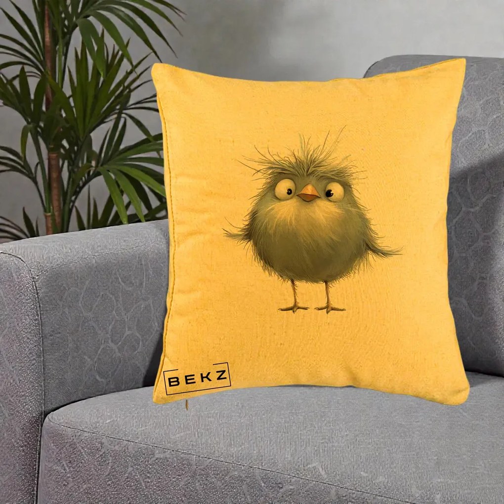 Perna Decorativa Pui Gri Pufos Zbarlit, 40x40 cm, Galben, Husa Detasabila, Perna Inclusa, BEKZ®