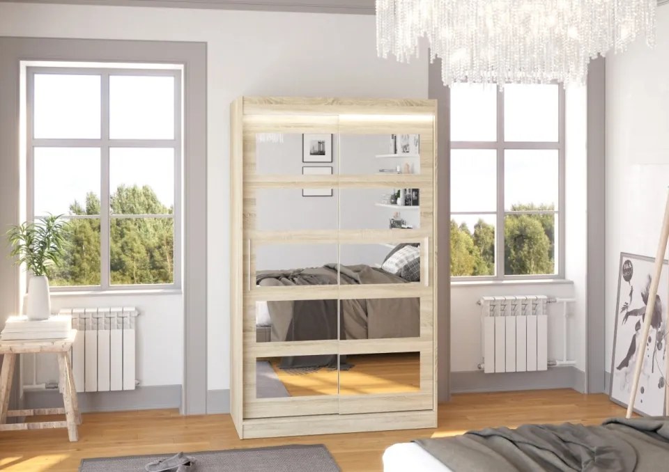 Dulap cu usi glisante si oglinda + iluminare LED, Salem 120 + LED, 120 cmx200 cmx58 cm, ADRK Furniture (Culoare: Alb)