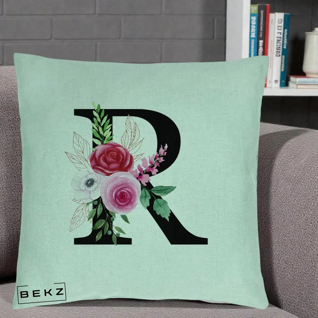 Cadou Personalizat - Perna Personalizata Monograma Florala Litera R, 40x40 cm, Verde Menta, Husa Detasabila, Perna Inclusa, BEKZ®