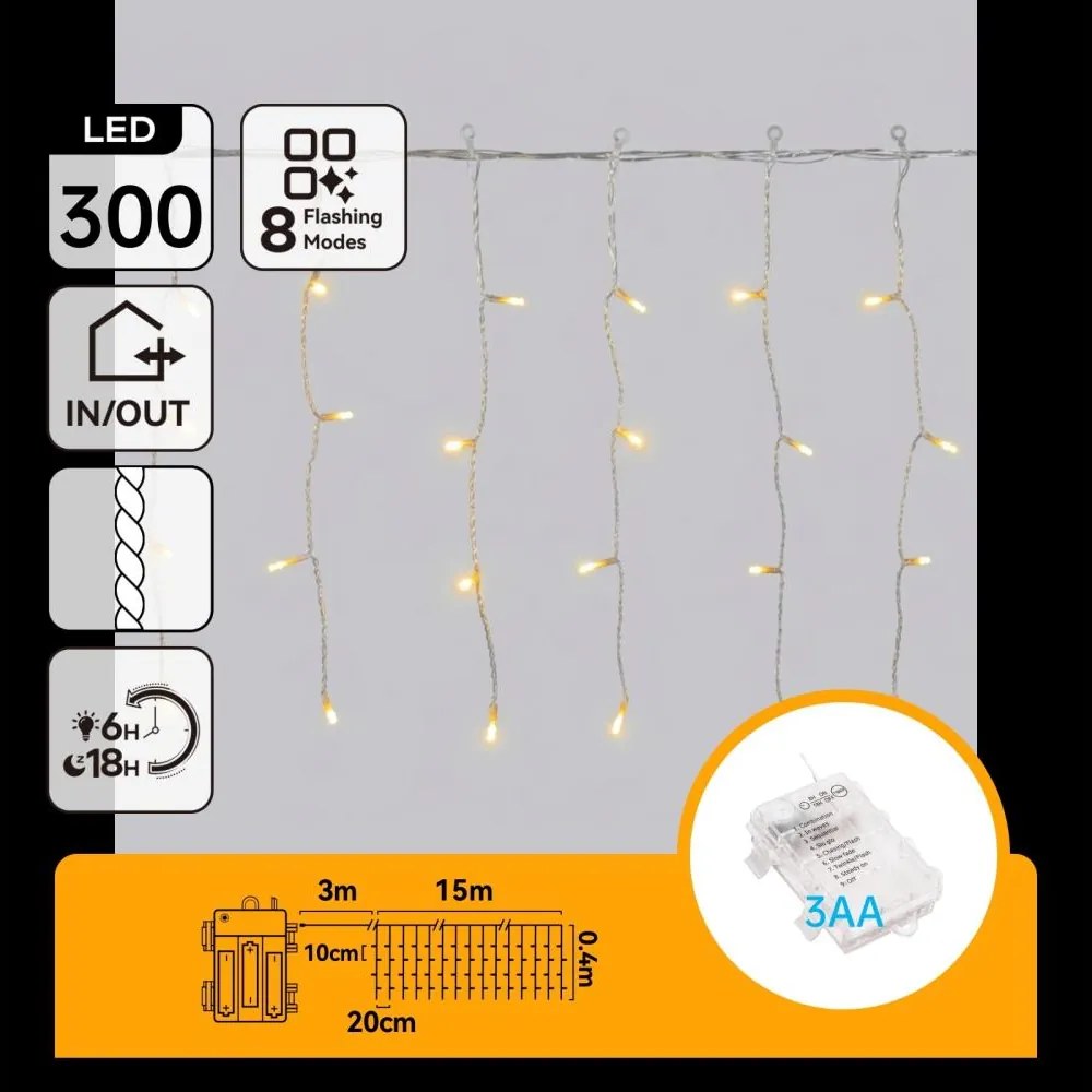 Aigostar - Instalație luminoasă LED de Crăciun pentru exterior 300xLED/8 funcții 18x0,4m IP44 alb cald