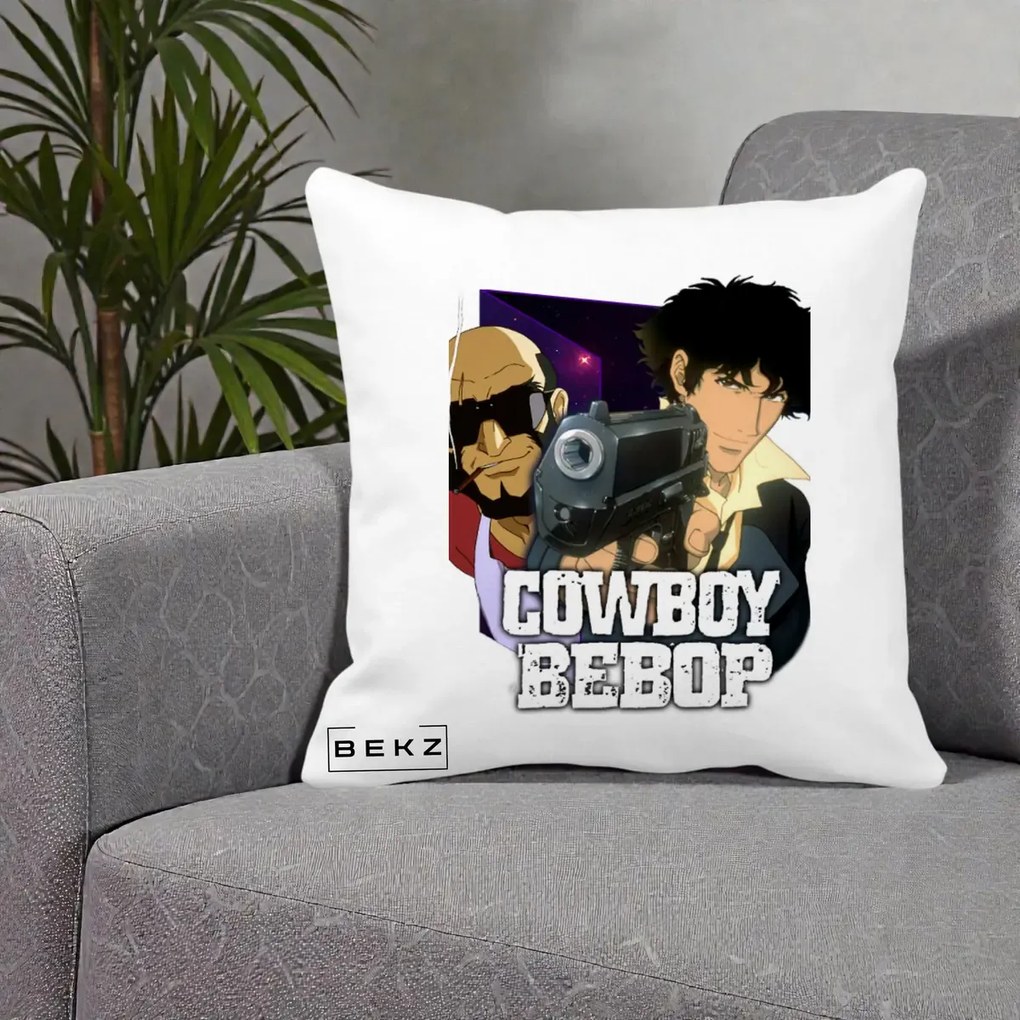 Perna Personalizata Cowboy Bebop Spike si Jet Poster, 40x40 cm, Alba Mata, Husa Detasabila, Perna Inclusa, BEKZ®