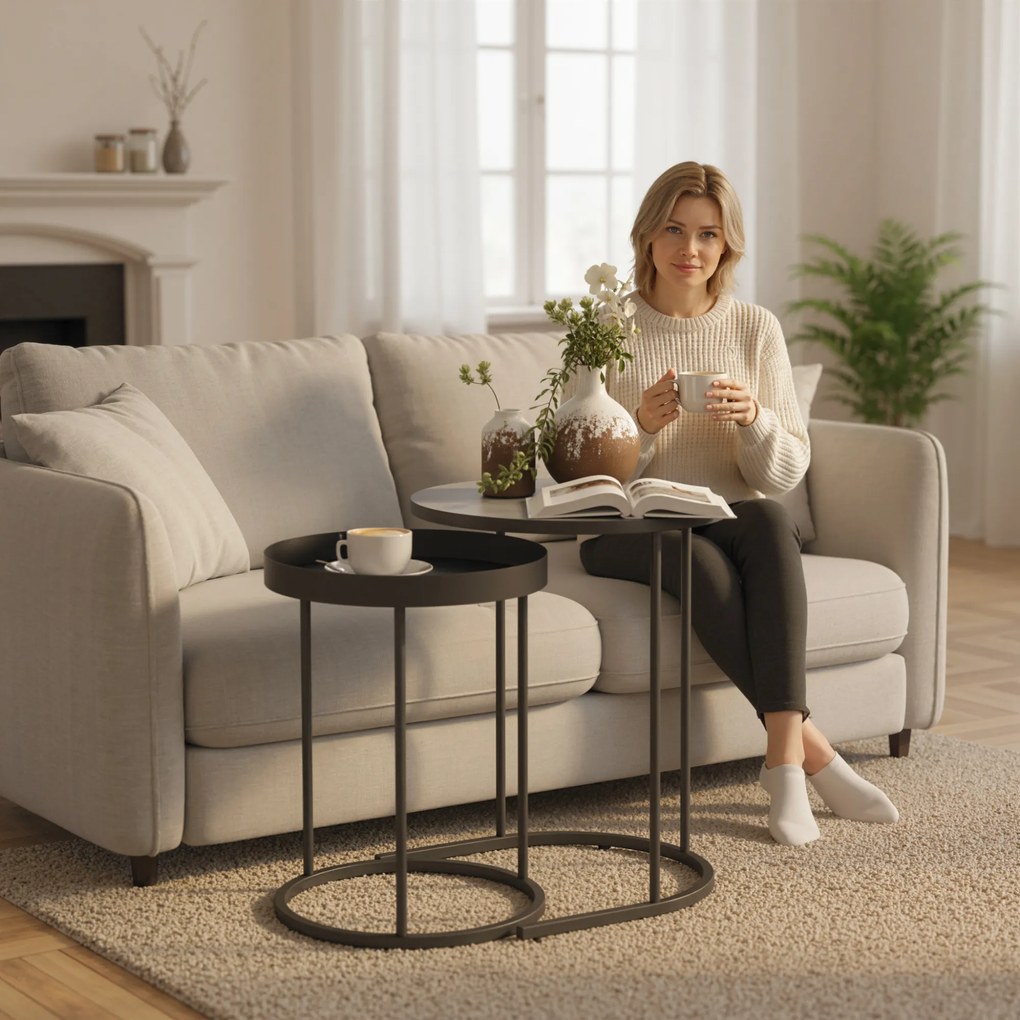 HOMCOM Set de 2 Măsuțe de Cafea în Stil Industrial, din Lemn și Metal, Ø42x54 cm și Ø36.5x48.5 cm, Gri și Negru | Aosom Romania