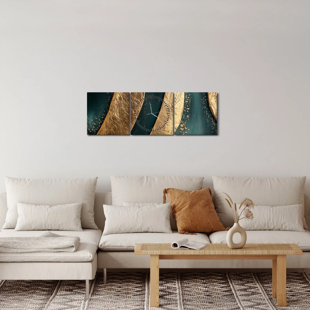 Tablou - Abstracție verde cu auriu I. (cu ceas) (90x30 cm)