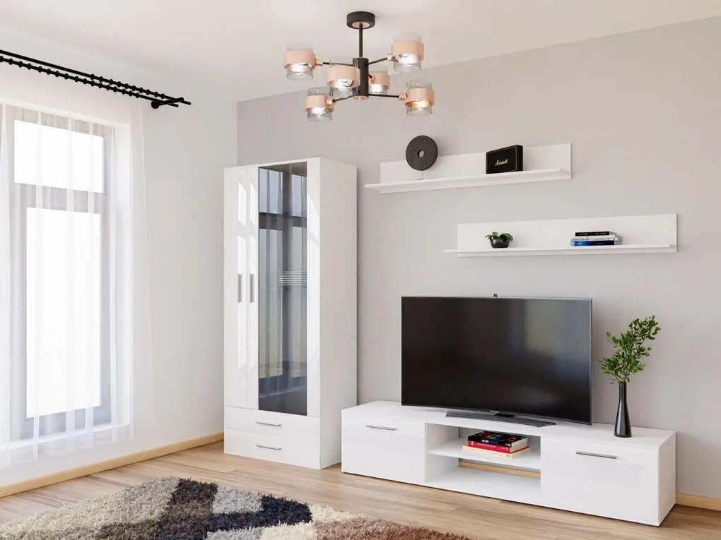 Camera de zi Charlotte E115Alb, Alb lucios, Cu componente suplimentare, Părți separate, Cu comodă TV, MDF, PAL laminat, Sticlă, 192x43cm, 111 kg