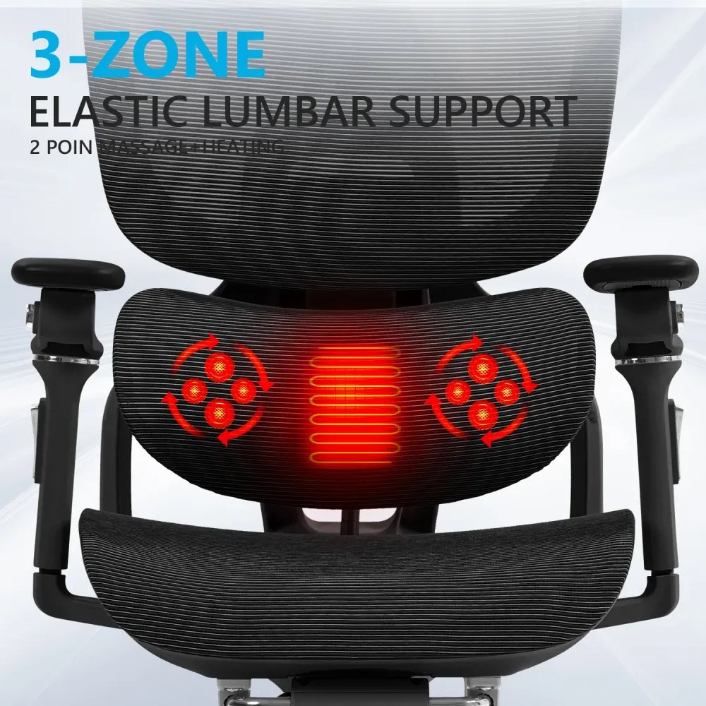 VIGOCHAIR ULTRA PRO Scaun ergonomic, spatar reglare verticala, suport lombar cu masaj si incalzire, sezut translatie, cotiere 6D, suport picioare, Full Mesh, Negru