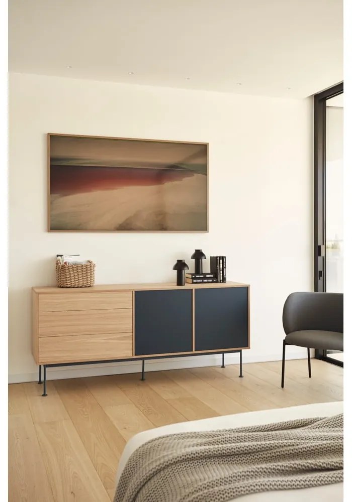 Comodă cu aspect de lemn de stejar Teulat Yoko, lățime 180 cm, gri antracit