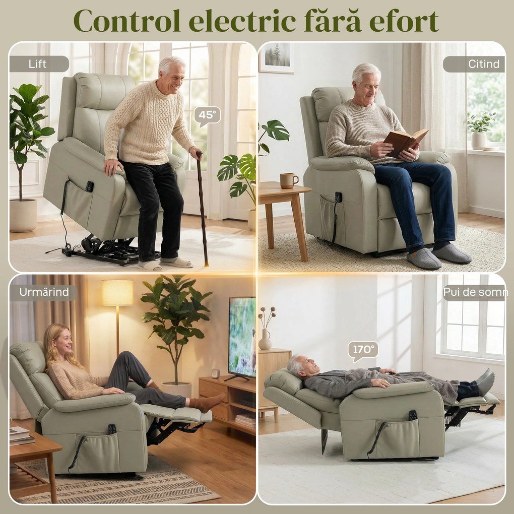 HOMCOM Fotoliu Electric cu Funcție de Ridicare Rabatabil 170° din Piele Ecologică Respirabilă cu 2 Motoare, Telecomandă, 4 Roți, Frână, Suport Picioare, Buzunare Laterale, Crem | Aosom Romania