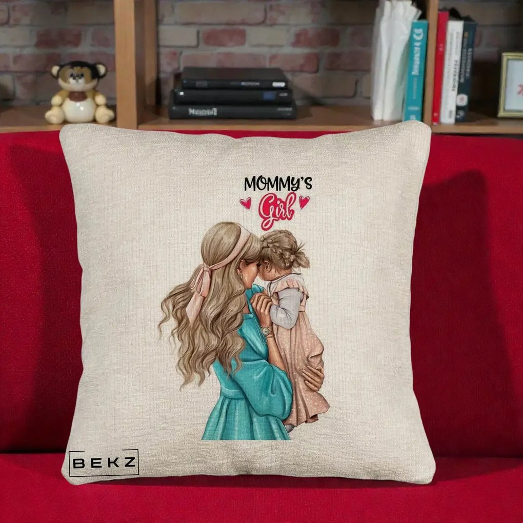 Cadou pentru Mama - Perna Personalizata Mommy's Girl Mama si Fetita, 40x40 cm, Bej Canapea, Husa Detasabila, Perna Inclusa, BEKZ®