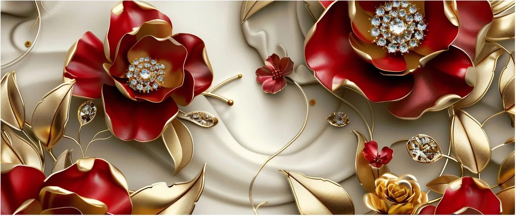 Tablou - Flori 3D Roșu-Auriu (120x50 cm)