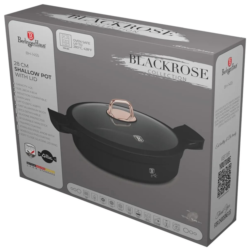 Cratiță cu capac 28 cm, 4.2L – Berlinger Haus Black Rose Collection BH 1455, antiaderentă, cu mânere de silicon detașabile, design elegant